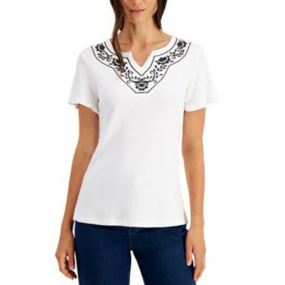 Karen Scott Split-Neck Short Sleeve Top White LARGE PETITE - Picture 1 of 3